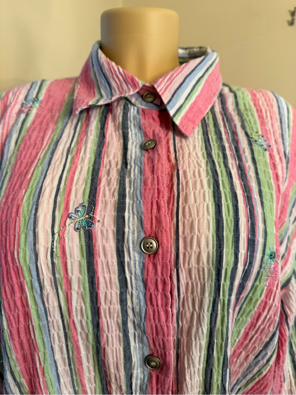 Alfred Dunner Pastel Multi-Stripe Button Front Shirt Butterfly Embroidered 18W